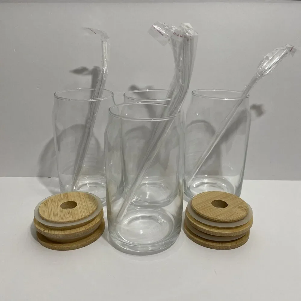 4-Piece Eco-Friendly Glasses Set with Bamboo Lids & Glass Straws 16oz Can Shaped
